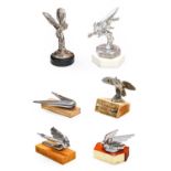 Six Assorted Chromed Metal Car Mascots, to include a 1938 Triumph Dolomite, a Wolseley, a 1938
