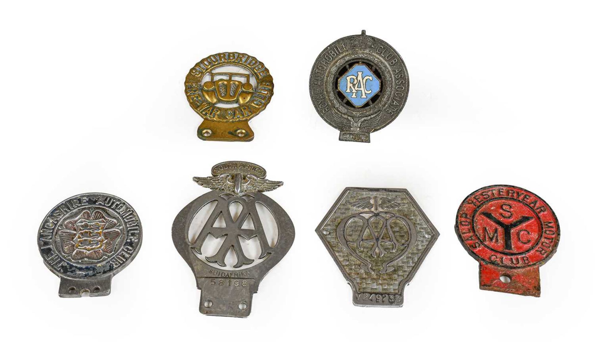Six Early 20th Century Car Badges, to include Salop Yesteryear Motor Club, The Lancashire Automobile