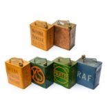 Six Vintage 2-Gallon Fuel Cans, comprising 5x repainted, including National Benzol, RAF, Pratts