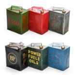 Six Vintage 2-Gallon Fuel Cans, repainted, to include Power Petroleum, Esso, BP, Power Fuels,