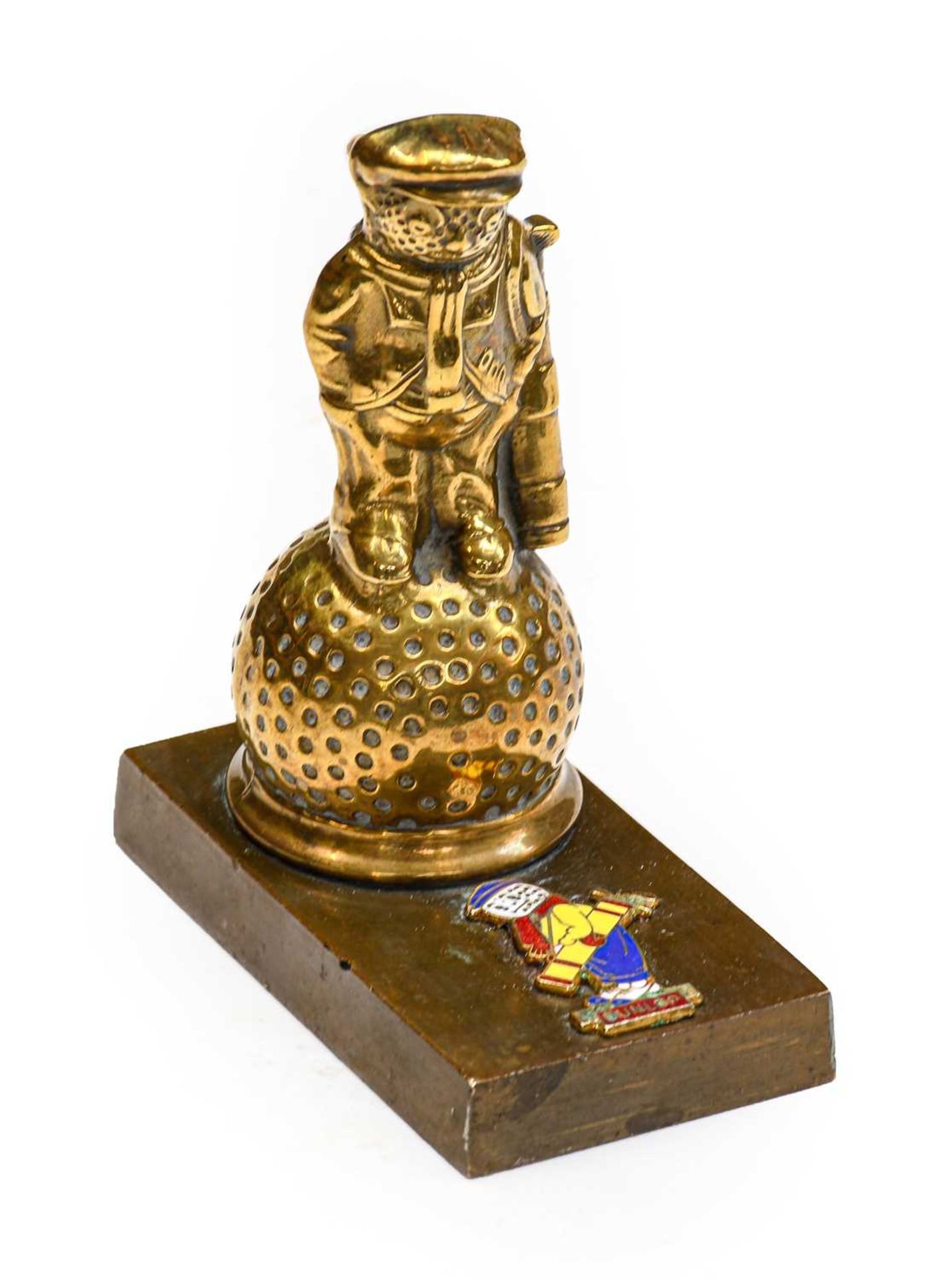 A Solid Brass Golfer Car Radiator Mascot, mounted on a rectangular base with enamelled Dunlop