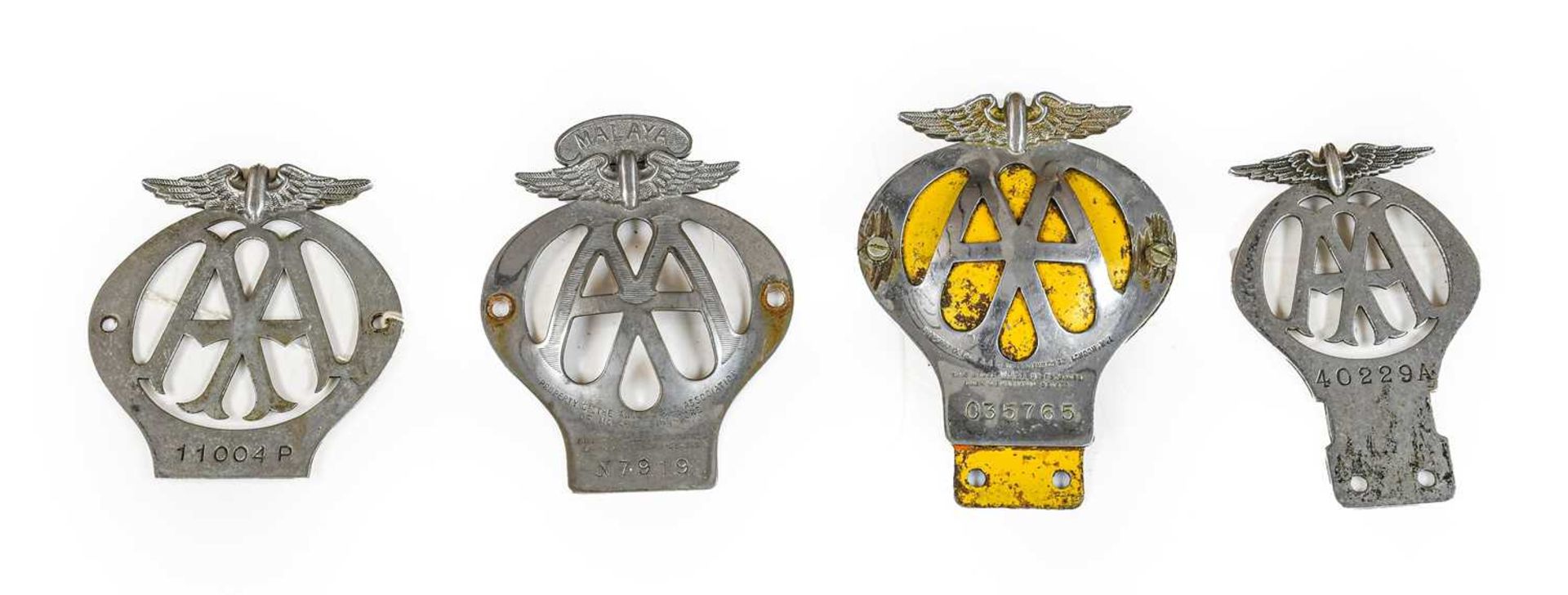 A Malaya AA Car Badge, numbered N7919; Two 1930’s AA Car Badges; and A Later Chromed Example (4)