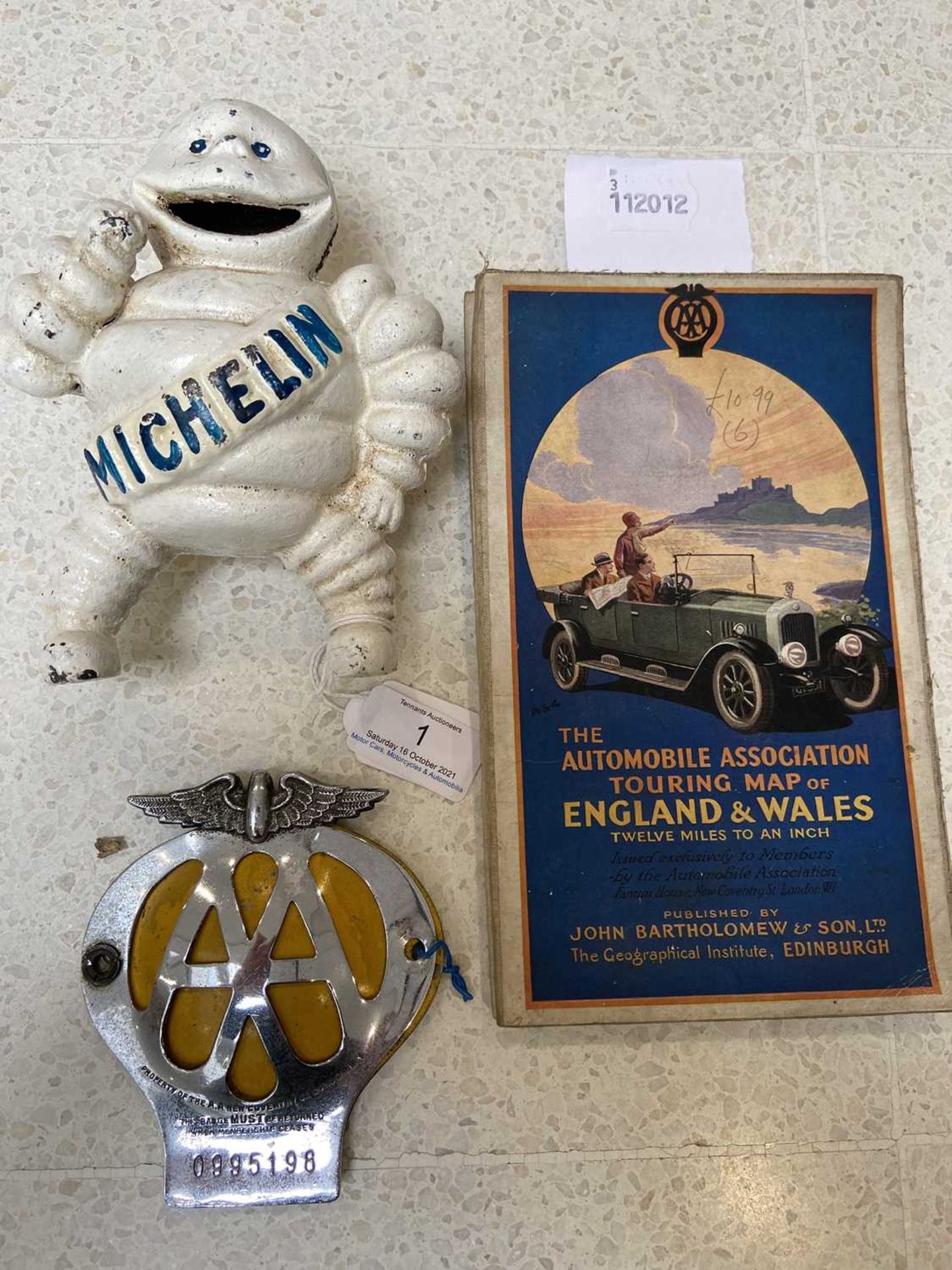 Michelin cast metal money box, AA badge and...