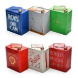 Six Vintage 2-Gallon Fuel Cans, repainted, to include Bowley's, Redline, Roy`s Shell-Mex and Power