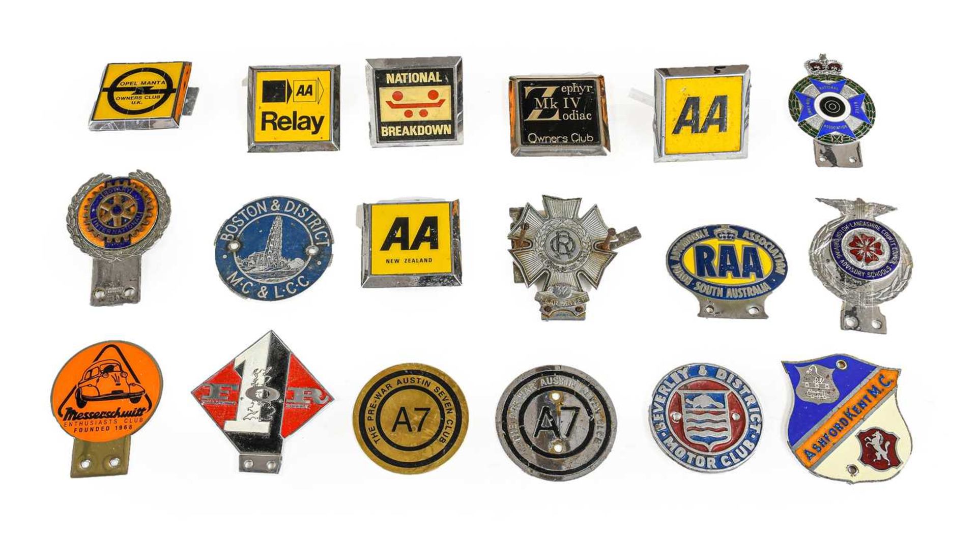 Eighteen Assorted Chromed Metal and Plastic Car Badges, to include Fellowship of Riders, The Pre-War