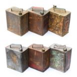 Six Vintage 2-Gallon Fuel Cans, to include Flight Motor Spirit, Redline and Shell (all rusted)