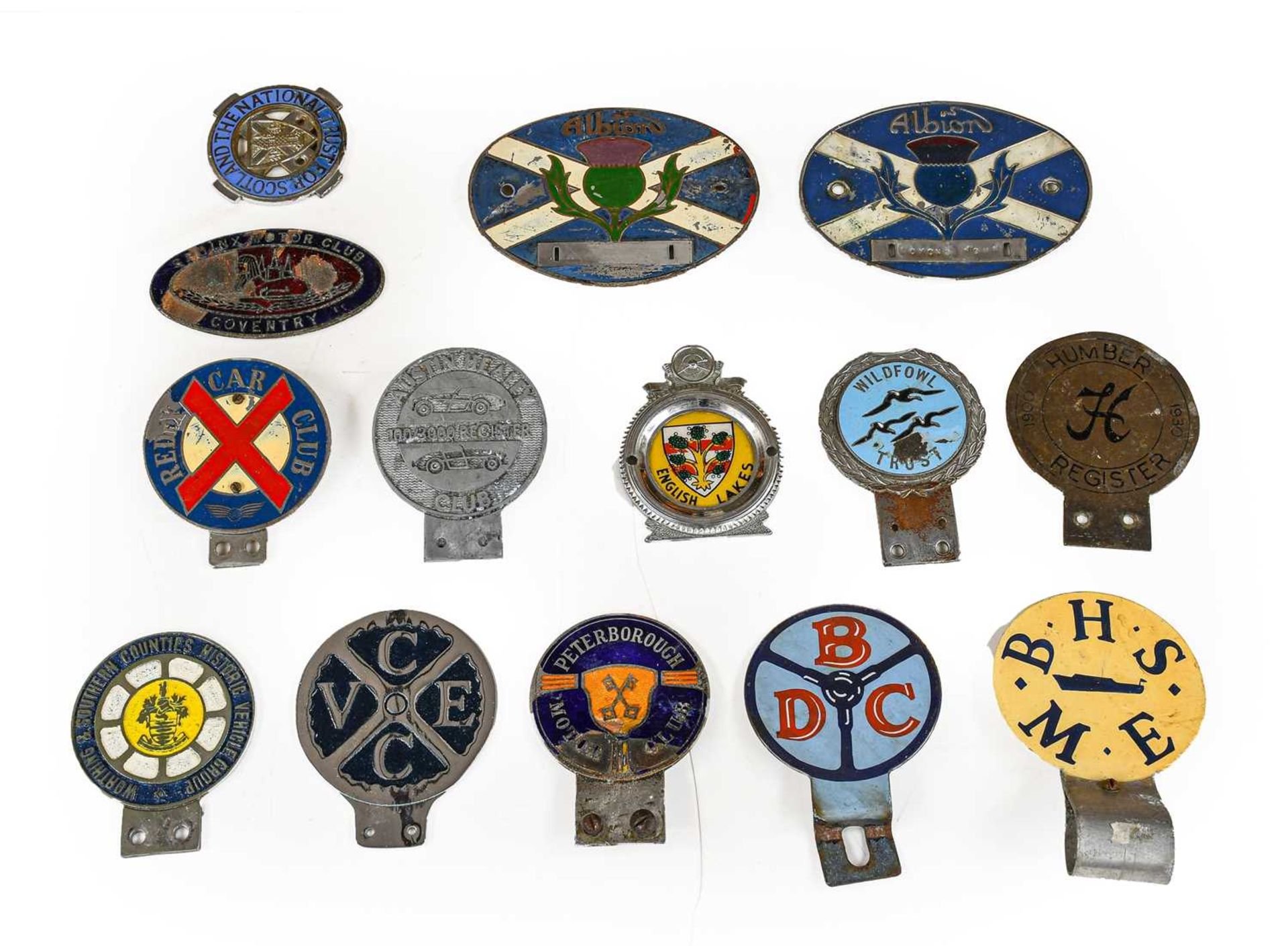 Fourteen Assorted Enamel and Chromed Car Badges, to include 2x Albion, Austin Healey Club, VEC Club,