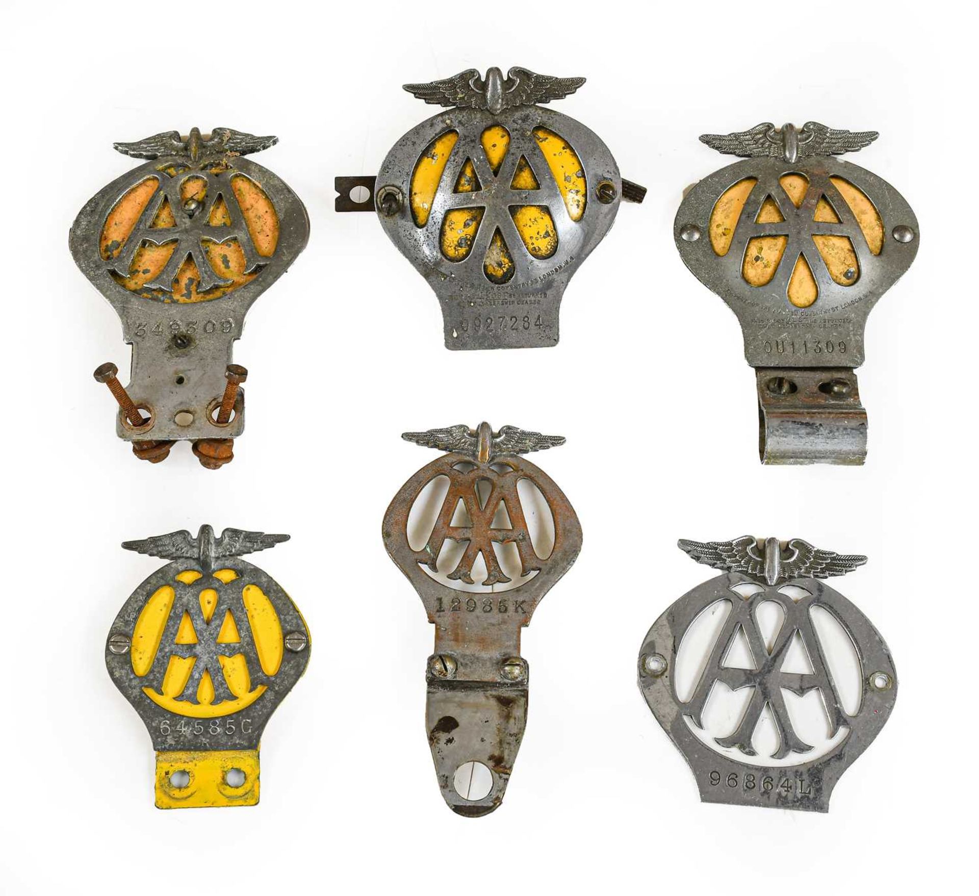Six Chromed Metal AA Badges, of assorted eras