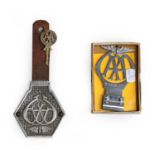 A 1920/30 AA Badge, numbered V221869, with metal mounting bracket; An AA Skeleton Key; and A Chromed