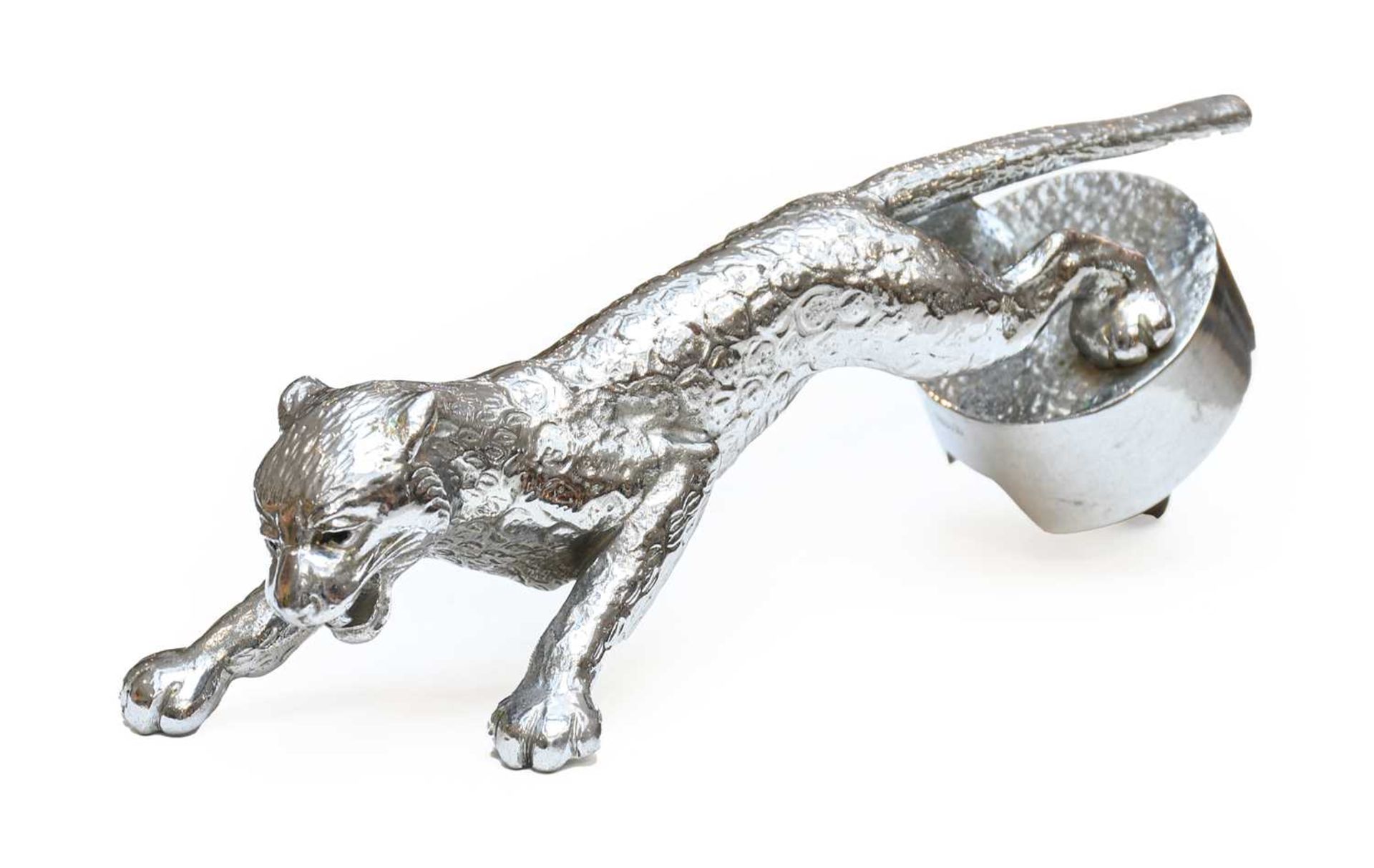 Desmo, A 1930's Jaguar Car Mascot, chrome on brass, with paws outstretched landing on a circular