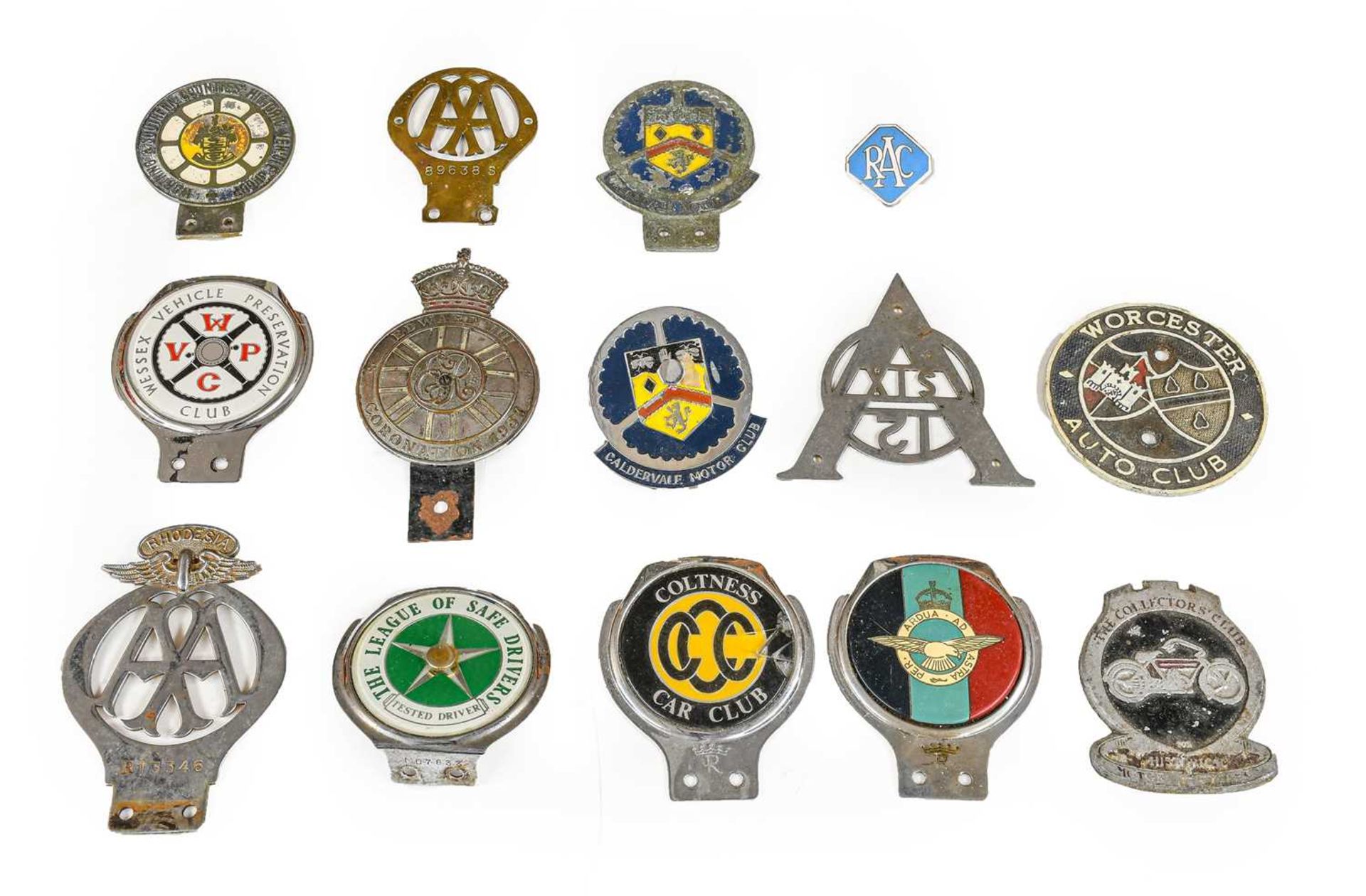 Fourteen Assorted Chromed and Enamel Car Badges, to include AA Rhodesia Members’ Club, Edward VII