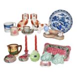 A mixed collection of ceramics, including a 19th century Chinese blue and white porcelain plate, a