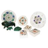 Pietra Dura inlaid marble octagonal tabletop, three boxes, three plates, malachite Lion, Rhinoceros,