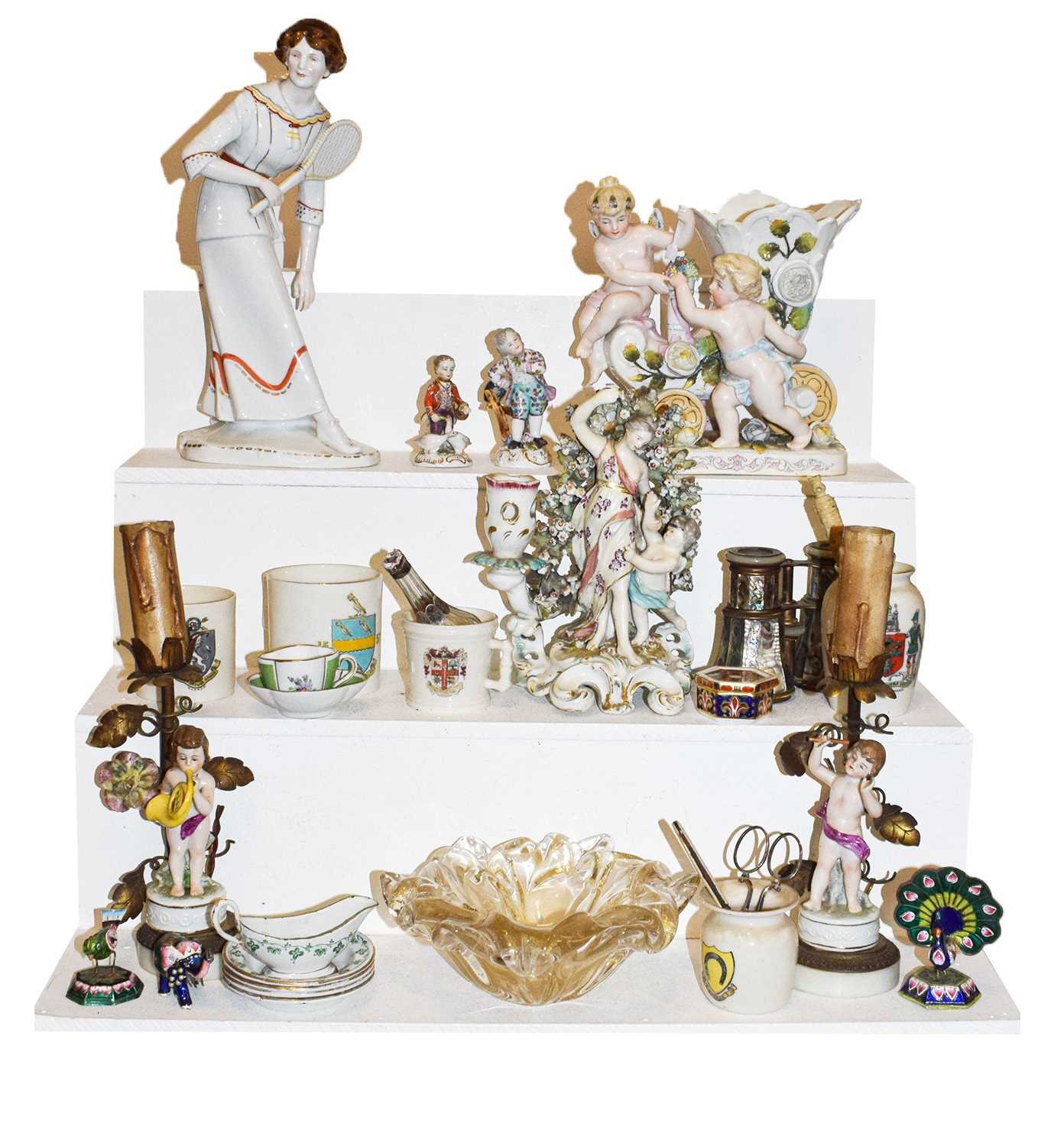 An 18th century Chelsea Derby figural candlestick, Cupid and Venus; together with other ceramics