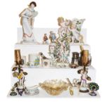 An 18th century Chelsea Derby figural candlestick, Cupid and Venus; together with other ceramics