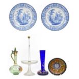 A pair of Burleigh ware blue printed wall chargers decorated with romantic landscapes, together with