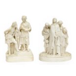 Two Victorian Parian figure groups, one titled "Eliezer and Rebecca" (restored), the other depicting