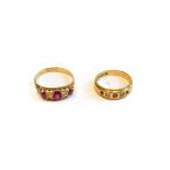 Two 18 carat gold synthetic ruby and diamond rings, finger size K and PCondition report: Gross