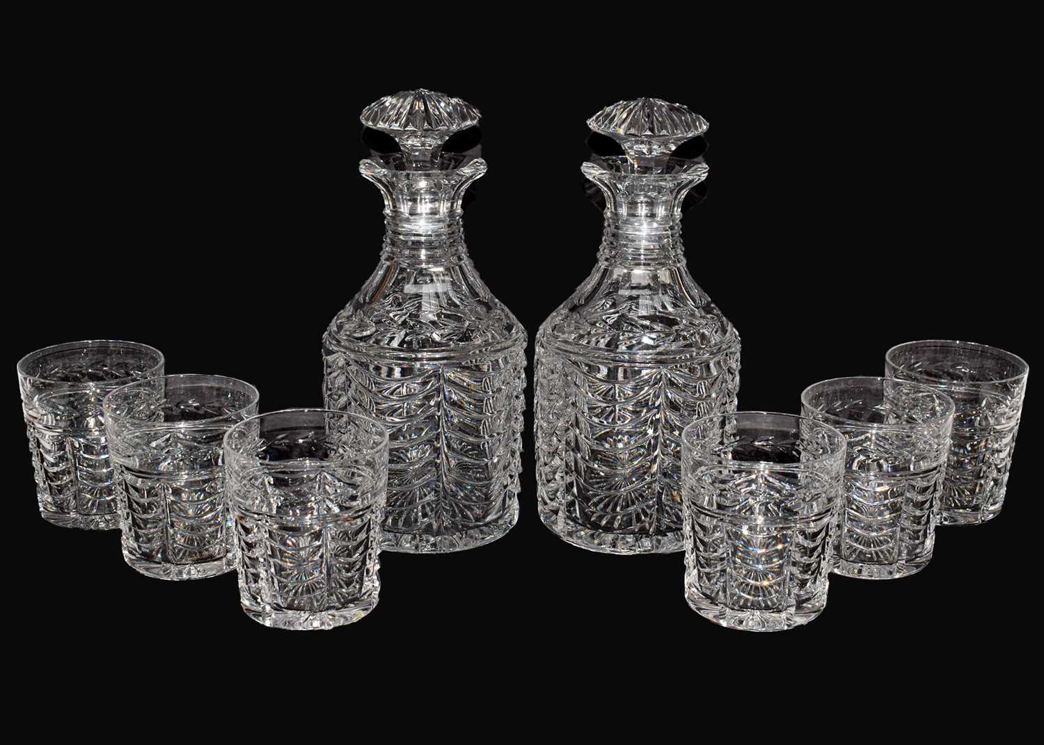 A part suite of Stuart crystal, including a pair of decanters and six tumblers