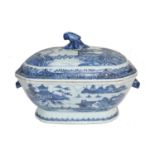 A Chinese Qianlong period tureen and cover with twin hare mask handles, decorated in underglaze blue