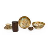 Three pieces of Japanese Meiji period Satsuma ware including a scalloped bowl painted with figures