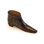 A 19th century mahogany small boot, with brass pique decoration of suns and moon, the top with