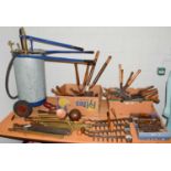 A group of 19th century and later garden tools and equipment including French hedge shears,