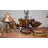 A large quantity of assorted metalwares and wood items to include fire tools, two copper coal