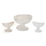 A Waterford crystal 7.5" footed bowl, together with a pair of Waterford navette form salt sellers