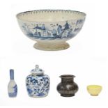 A late 18th century Pearlware bowl painted with a chinoiserie landscape, a Chinese covered jar, a