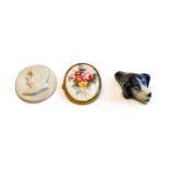 A porcelain dog whistle, a Worcester cameo and broochCondition report: Whistle with some wear and