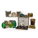 A tray of assorted silver, metalware, and glass, including a Continental silver tea caddy with