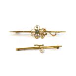 A 9 carat gold cultured pearl brooch, length 5.4cm; and an aquamarine and cultured pearl brooch,