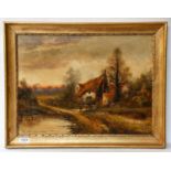 A Jamieson (19th/20th century) Figure before a thatched cottage at sunset; river landscape with a