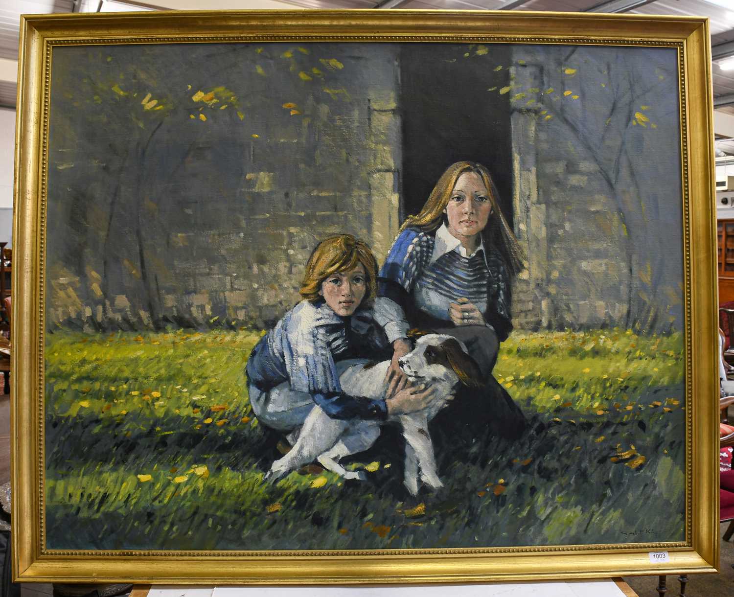 Robert King, portrait of a two Girl`s with a springer spaniel puppy, signed oil on canvas, 95cm by