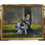 Robert King, portrait of a two Girl`s with a springer spaniel puppy, signed oil on canvas, 95cm by