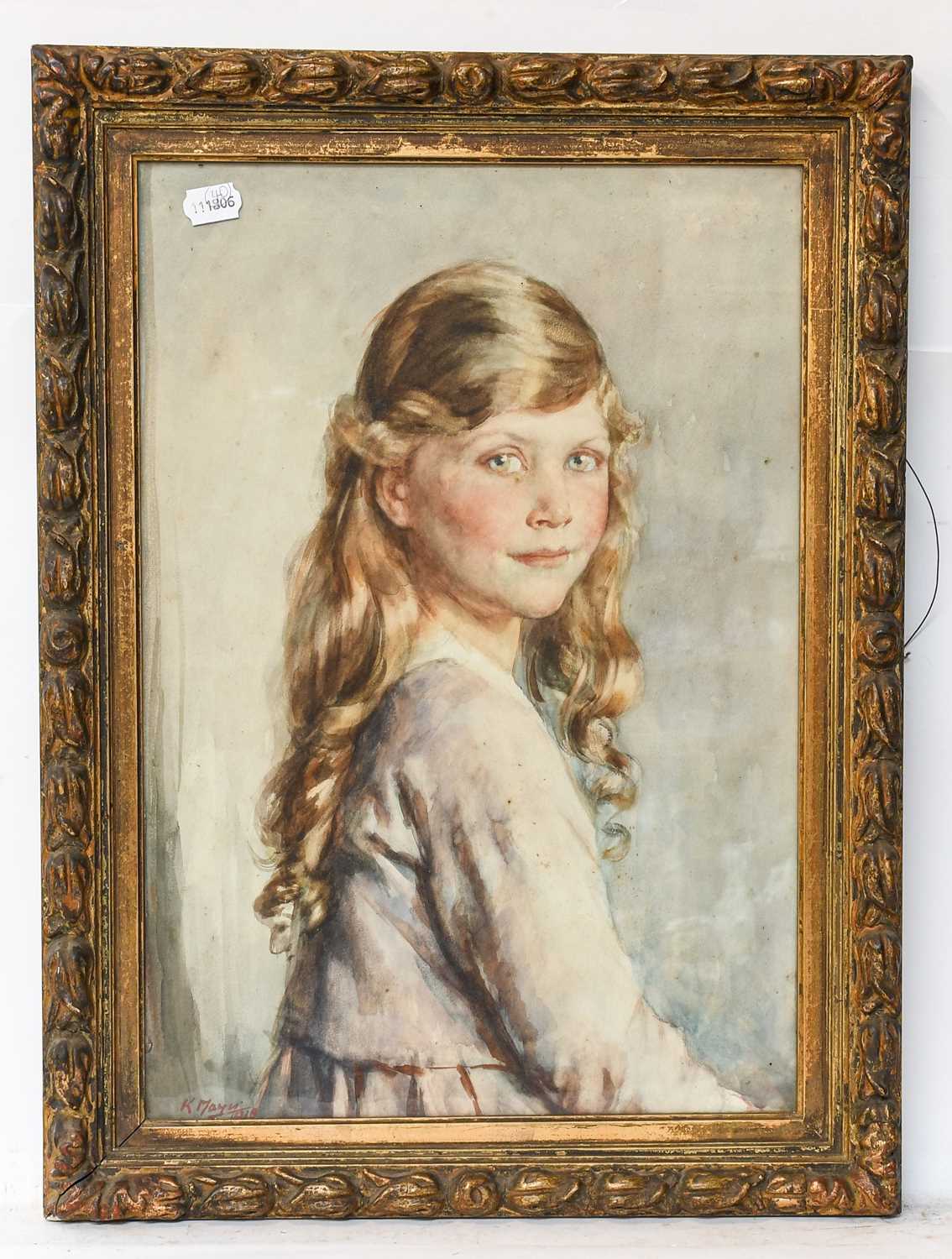 K Mayes (early 20th century) Portrait of a young girl, seated half length, turned to viewer, - Image 2 of 3