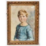 K Mayes (early 20th century) Portrait of a young girl, seated half length, turned to viewer,