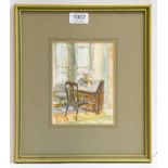 Barbara Lady Brassey, interior scene with bureau, signed mixed media, 16cm by 12cm