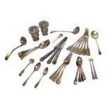 A collection of assorted silver flatware, including six Fiddle pattern dessert forks, engraved