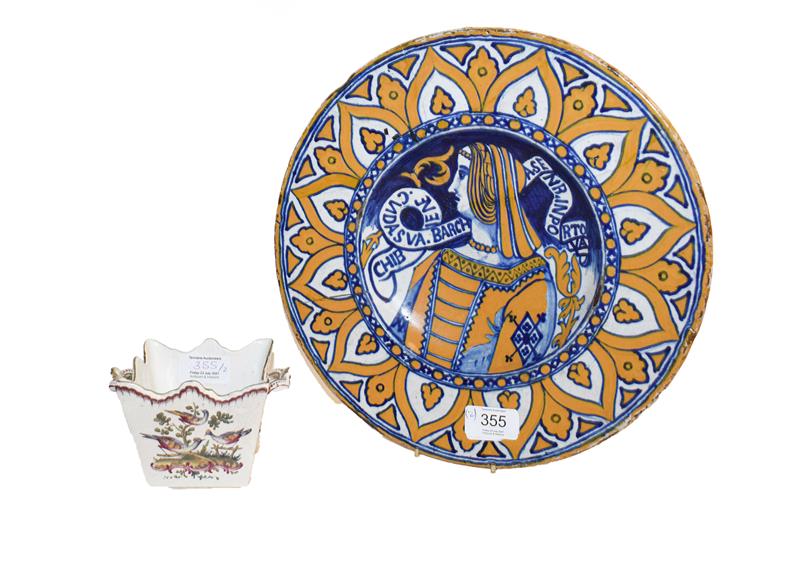 A Maiolica Bella Donna dish in 16th century Deruta style, painted in blue and ochre with a bust