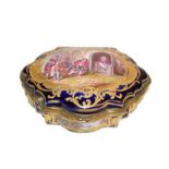 Sevres style trinket box with gilt metal mount, ground in cobalt blue and painted with a scene