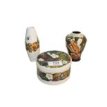 A modern Moorcroft Prom Gent 125/4 box and cover, Helen Dale, 15/20, 10.5cm and two vases Woodmouse,