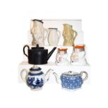 A quantity of 19th century pottery including pearlware teapots, a black basalt teapot, Staffordshire