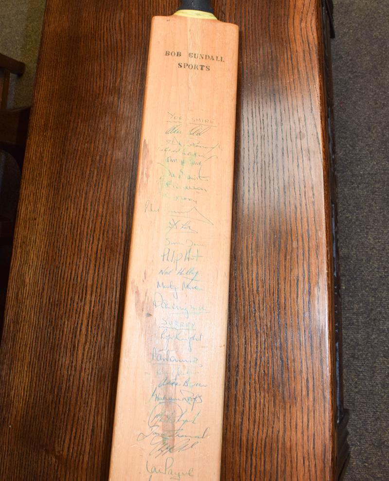 Two cricket bats one signed with a former Yorkshire team, two hickory shafted golf clubs, a lacrosse - Image 7 of 17