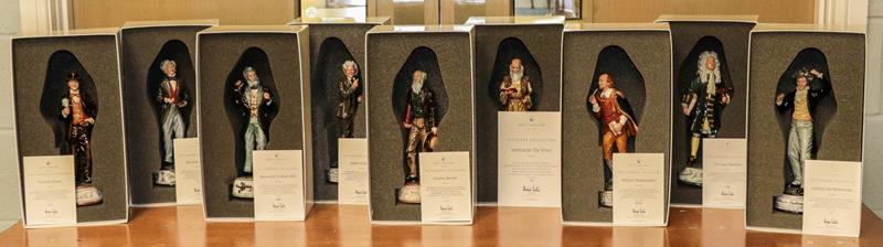 A set of nine boxed Royal Doulton figures of the pioneers collection, Ludwig Von Beethoven, Leonardo