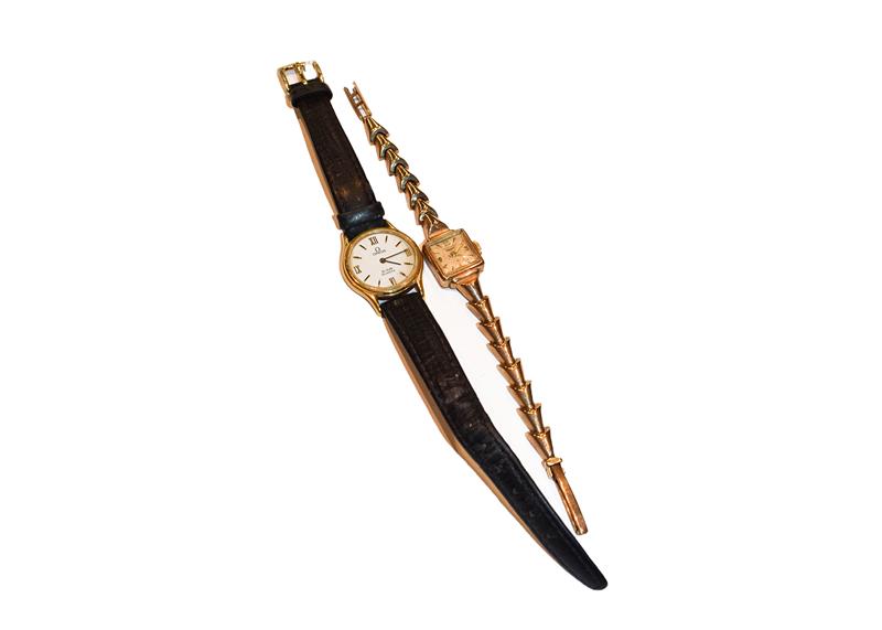 A Longines lady's 9 carat gold wristwatch; together with an Omega De Ville quartz plated wristwatch,