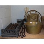 A quantity of 19th century metal wares including steel fire tools, copper coal scuttle, brass jam