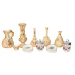 Royal Worcester blush items comprising coral formed jug, three specimen vases, another vase with