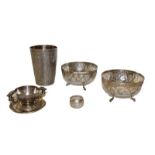 A collection of assorted silver including an Indian beaker, a Chinese cup and saucer, a pair of